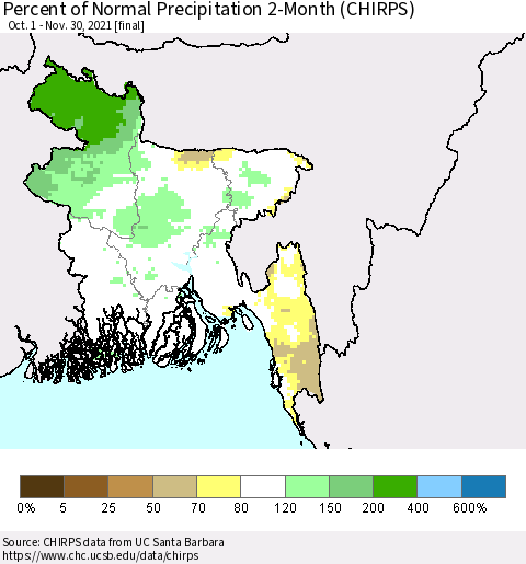Bangladesh Percent of Normal Precipitation 2-Month (CHIRPS) Thematic Map For 10/1/2021 - 11/30/2021