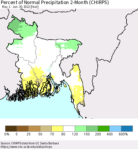 Bangladesh Percent of Normal Precipitation 2-Month (CHIRPS) Thematic Map For 5/1/2022 - 6/30/2022