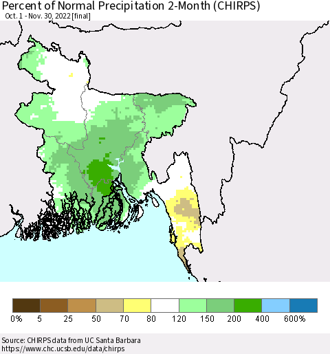 Bangladesh Percent of Normal Precipitation 2-Month (CHIRPS) Thematic Map For 10/1/2022 - 11/30/2022