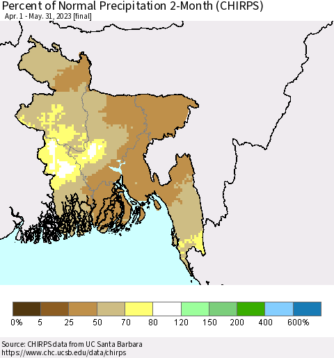 Bangladesh Percent of Normal Precipitation 2-Month (CHIRPS) Thematic Map For 4/1/2023 - 5/31/2023