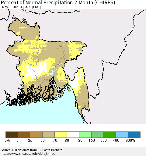 Bangladesh Percent of Normal Precipitation 2-Month (CHIRPS) Thematic Map For 5/1/2023 - 6/30/2023