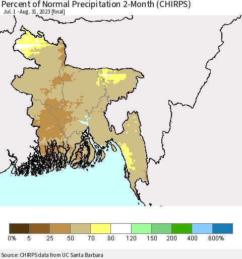 Bangladesh Percent of Normal Precipitation 2-Month (CHIRPS) Thematic Map For 7/1/2023 - 8/31/2023