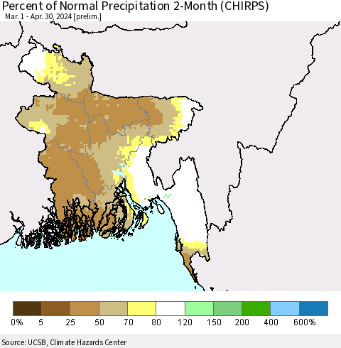 Bangladesh Percent of Normal Precipitation 2-Month (CHIRPS) Thematic Map For 3/1/2024 - 4/30/2024