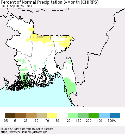 Bangladesh Percent of Normal Precipitation 3-Month (CHIRPS) Thematic Map For 7/1/2021 - 9/30/2021