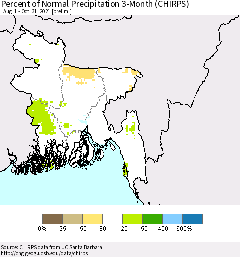 Bangladesh Percent of Normal Precipitation 3-Month (CHIRPS) Thematic Map For 8/1/2021 - 10/31/2021