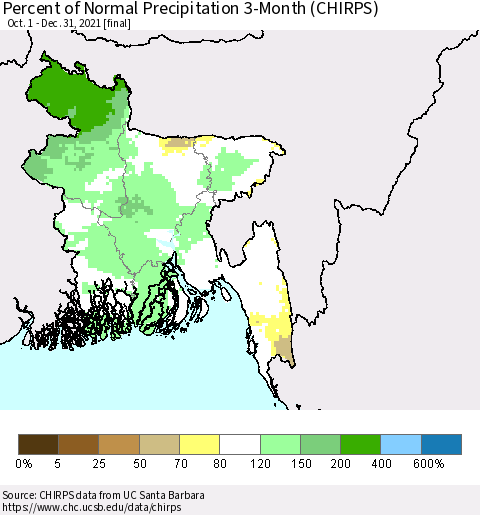 Bangladesh Percent of Normal Precipitation 3-Month (CHIRPS) Thematic Map For 10/1/2021 - 12/31/2021