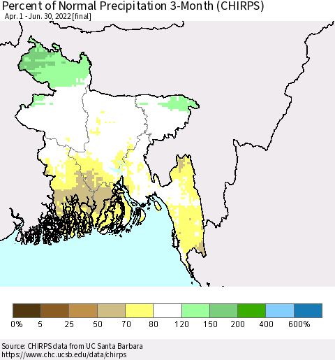 Bangladesh Percent of Normal Precipitation 3-Month (CHIRPS) Thematic Map For 4/1/2022 - 6/30/2022
