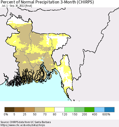 Bangladesh Percent of Normal Precipitation 3-Month (CHIRPS) Thematic Map For 7/1/2022 - 9/30/2022