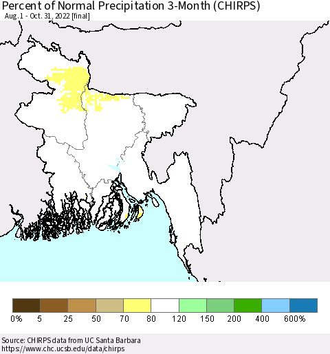 Bangladesh Percent of Normal Precipitation 3-Month (CHIRPS) Thematic Map For 8/1/2022 - 10/31/2022