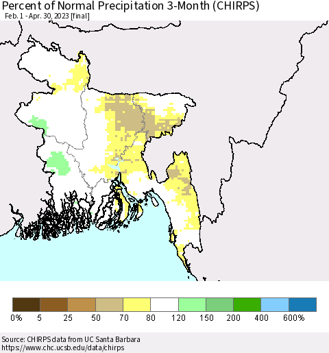 Bangladesh Percent of Normal Precipitation 3-Month (CHIRPS) Thematic Map For 2/1/2023 - 4/30/2023