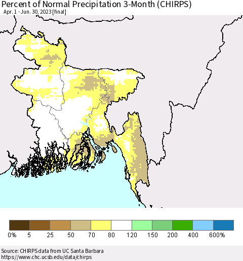 Bangladesh Percent of Normal Precipitation 3-Month (CHIRPS) Thematic Map For 4/1/2023 - 6/30/2023