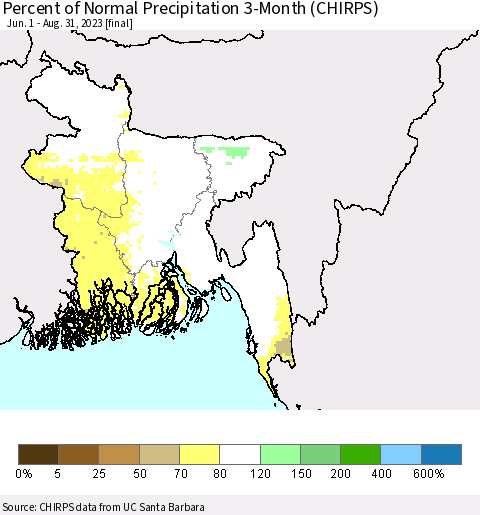 Bangladesh Percent of Normal Precipitation 3-Month (CHIRPS) Thematic Map For 6/1/2023 - 8/31/2023