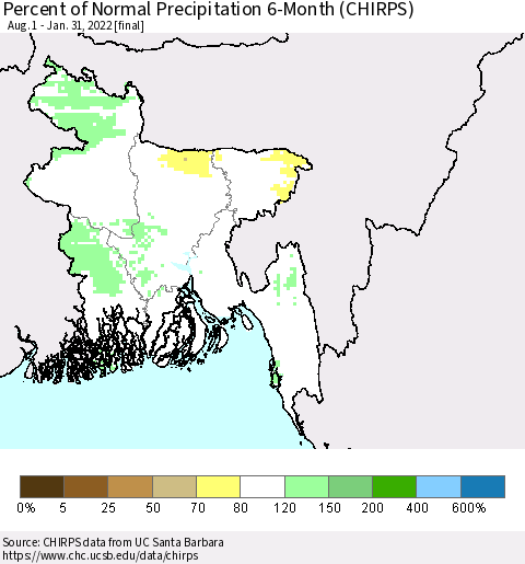 Bangladesh Percent of Normal Precipitation 6-Month (CHIRPS) Thematic Map For 8/1/2021 - 1/31/2022
