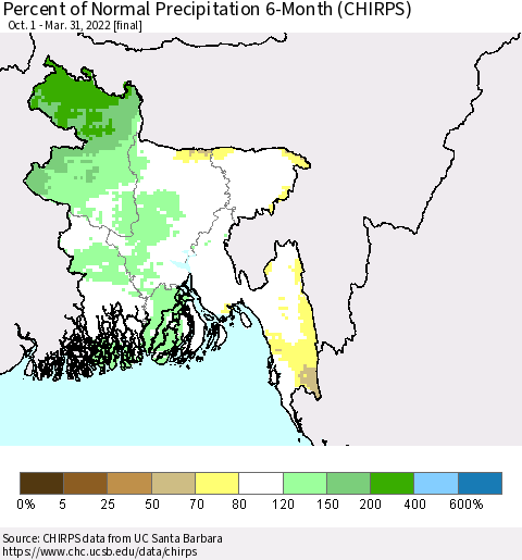 Bangladesh Percent of Normal Precipitation 6-Month (CHIRPS) Thematic Map For 10/1/2021 - 3/31/2022
