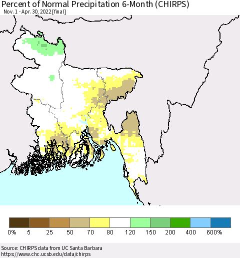 Bangladesh Percent of Normal Precipitation 6-Month (CHIRPS) Thematic Map For 11/1/2021 - 4/30/2022