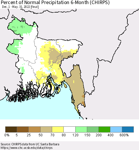 Bangladesh Percent of Normal Precipitation 6-Month (CHIRPS) Thematic Map For 12/1/2021 - 5/31/2022