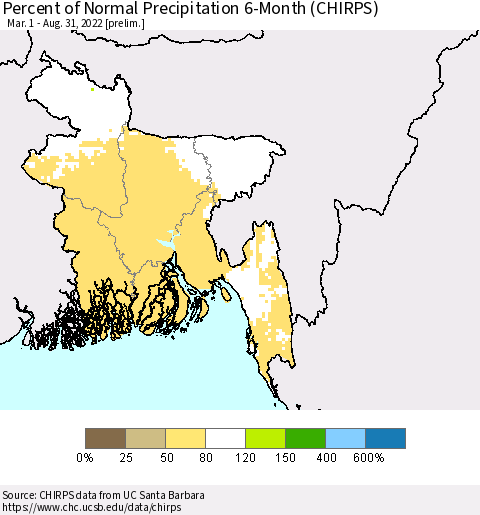 Bangladesh Percent of Normal Precipitation 6-Month (CHIRPS) Thematic Map For 3/1/2022 - 8/31/2022