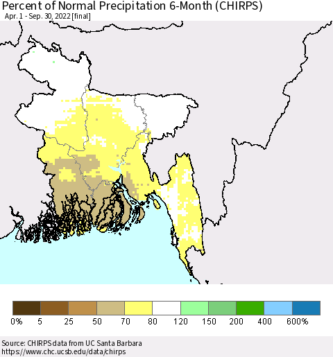Bangladesh Percent of Normal Precipitation 6-Month (CHIRPS) Thematic Map For 4/1/2022 - 9/30/2022