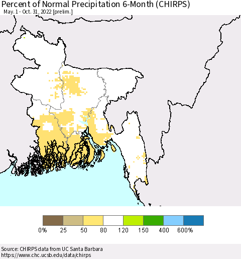 Bangladesh Percent of Normal Precipitation 6-Month (CHIRPS) Thematic Map For 5/1/2022 - 10/31/2022