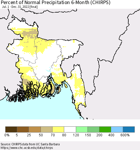 Bangladesh Percent of Normal Precipitation 6-Month (CHIRPS) Thematic Map For 7/1/2022 - 12/31/2022
