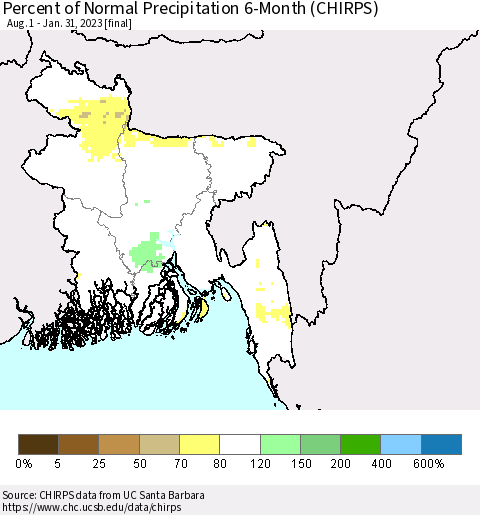 Bangladesh Percent of Normal Precipitation 6-Month (CHIRPS) Thematic Map For 8/1/2022 - 1/31/2023