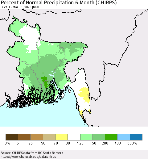Bangladesh Percent of Normal Precipitation 6-Month (CHIRPS) Thematic Map For 10/1/2022 - 3/31/2023