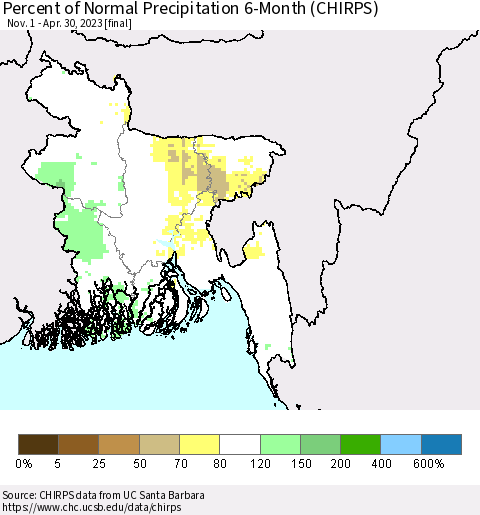 Bangladesh Percent of Normal Precipitation 6-Month (CHIRPS) Thematic Map For 11/1/2022 - 4/30/2023