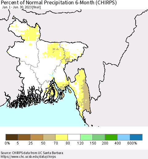 Bangladesh Percent of Normal Precipitation 6-Month (CHIRPS) Thematic Map For 1/1/2023 - 6/30/2023