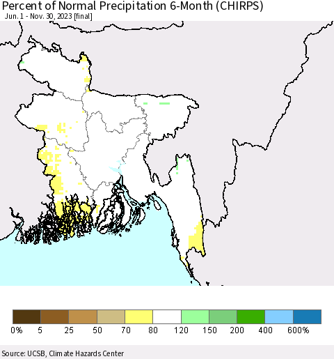 Bangladesh Percent of Normal Precipitation 6-Month (CHIRPS) Thematic Map For 6/1/2023 - 11/30/2023