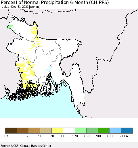 Bangladesh Percent of Normal Precipitation 6-Month (CHIRPS) Thematic Map For 7/1/2023 - 12/31/2023