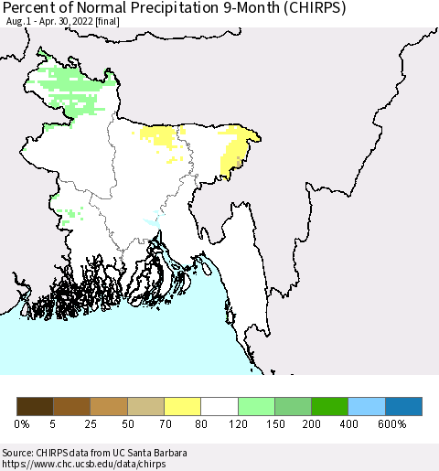 Bangladesh Percent of Normal Precipitation 9-Month (CHIRPS) Thematic Map For 8/1/2021 - 4/30/2022