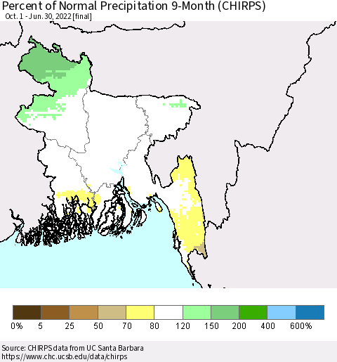 Bangladesh Percent of Normal Precipitation 9-Month (CHIRPS) Thematic Map For 10/1/2021 - 6/30/2022