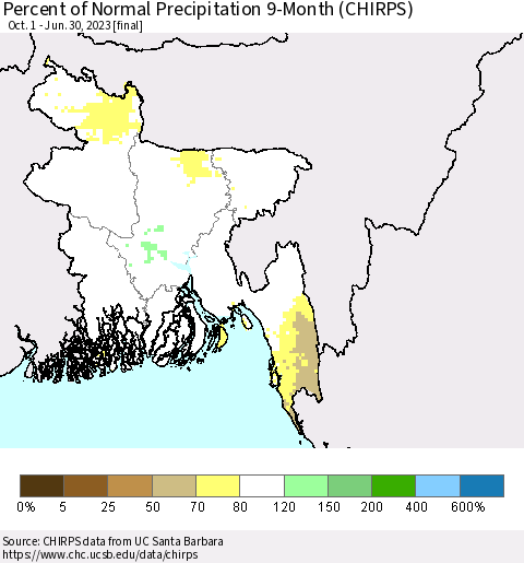 Bangladesh Percent of Normal Precipitation 9-Month (CHIRPS) Thematic Map For 10/1/2022 - 6/30/2023