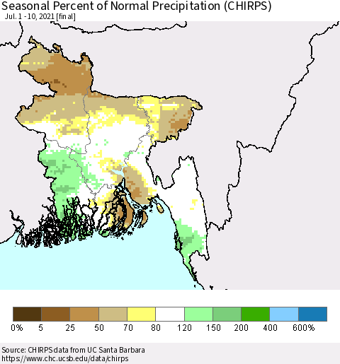 Bangladesh Seasonal Percent of Normal Precipitation (CHIRPS) Thematic Map For 7/1/2021 - 7/10/2021