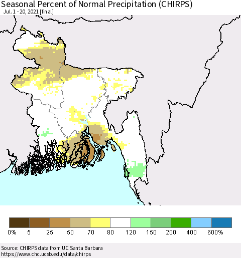 Bangladesh Seasonal Percent of Normal Precipitation (CHIRPS) Thematic Map For 7/1/2021 - 7/20/2021