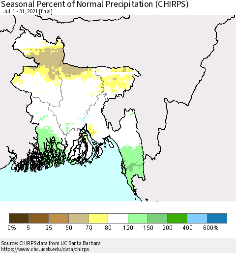 Bangladesh Seasonal Percent of Normal Precipitation (CHIRPS) Thematic Map For 7/1/2021 - 7/31/2021