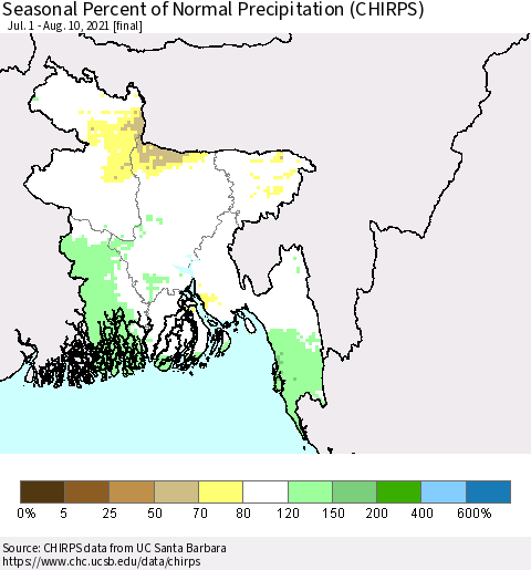Bangladesh Seasonal Percent of Normal Precipitation (CHIRPS) Thematic Map For 7/1/2021 - 8/10/2021