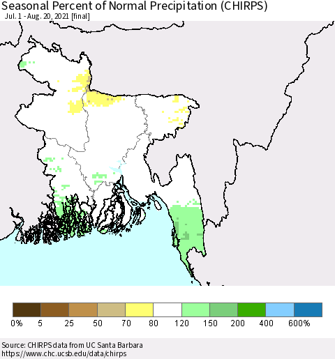 Bangladesh Seasonal Percent of Normal Precipitation (CHIRPS) Thematic Map For 7/1/2021 - 8/20/2021
