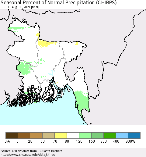 Bangladesh Seasonal Percent of Normal Precipitation (CHIRPS) Thematic Map For 7/1/2021 - 8/31/2021