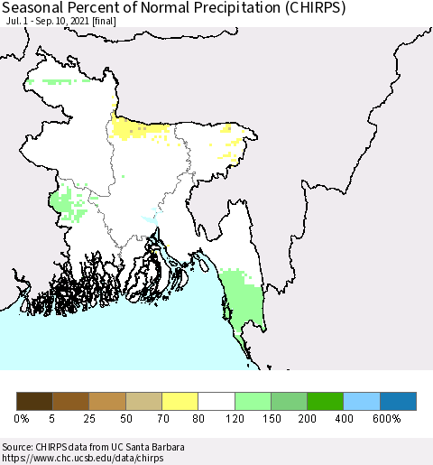 Bangladesh Seasonal Percent of Normal Precipitation (CHIRPS) Thematic Map For 7/1/2021 - 9/10/2021