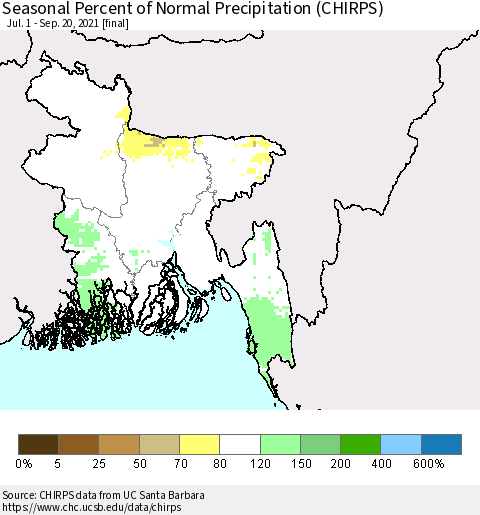 Bangladesh Seasonal Percent of Normal Precipitation (CHIRPS) Thematic Map For 7/1/2021 - 9/20/2021