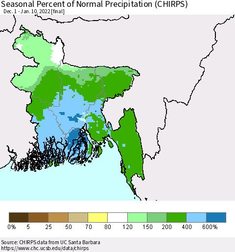 Bangladesh Seasonal Percent of Normal Precipitation (CHIRPS) Thematic Map For 12/1/2021 - 1/10/2022