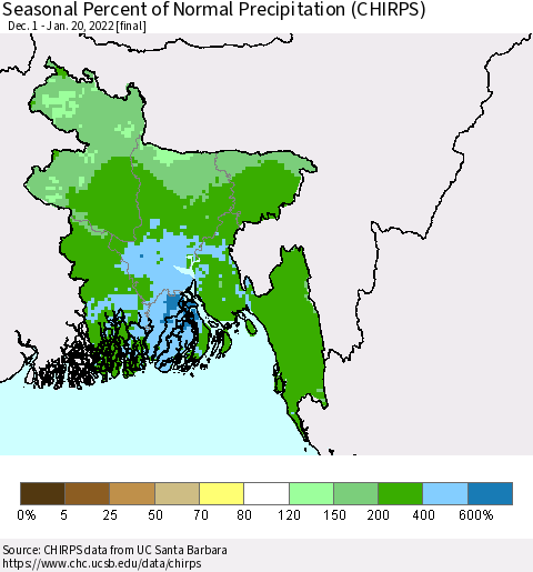 Bangladesh Seasonal Percent of Normal Precipitation (CHIRPS) Thematic Map For 12/1/2021 - 1/20/2022