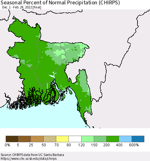 Bangladesh Seasonal Percent of Normal Precipitation (CHIRPS) Thematic Map For 12/1/2021 - 2/28/2022