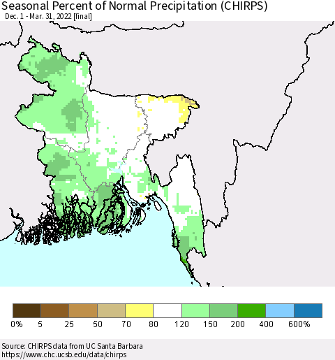 Bangladesh Seasonal Percent of Normal Precipitation (CHIRPS) Thematic Map For 12/1/2021 - 3/31/2022