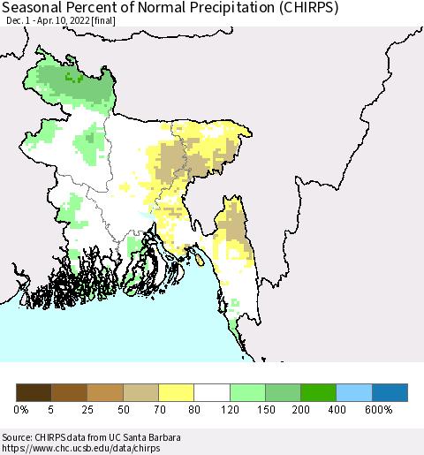 Bangladesh Seasonal Percent of Normal Precipitation (CHIRPS) Thematic Map For 12/1/2021 - 4/10/2022