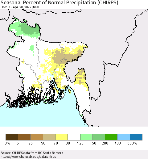 Bangladesh Seasonal Percent of Normal Precipitation (CHIRPS) Thematic Map For 12/1/2021 - 4/20/2022