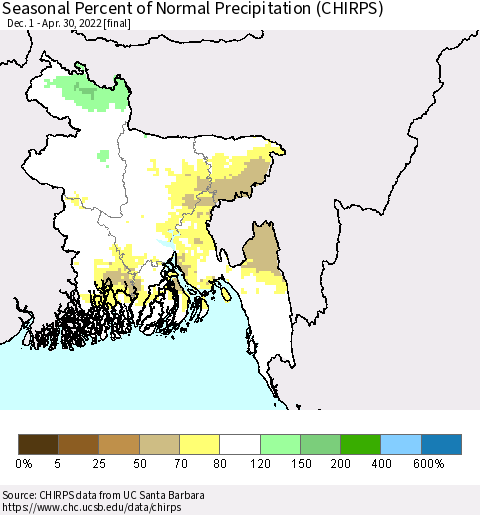 Bangladesh Seasonal Percent of Normal Precipitation (CHIRPS) Thematic Map For 12/1/2021 - 4/30/2022