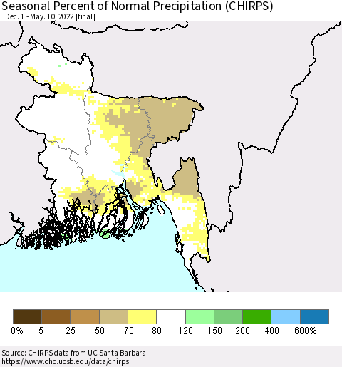 Bangladesh Seasonal Percent of Normal Precipitation (CHIRPS) Thematic Map For 12/1/2021 - 5/10/2022
