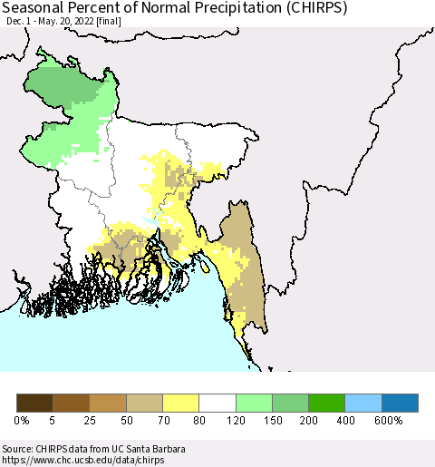 Bangladesh Seasonal Percent of Normal Precipitation (CHIRPS) Thematic Map For 12/1/2021 - 5/20/2022